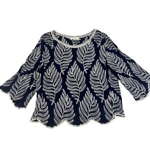 Solitaire Navy Blue Embroidered Leaf Scallop Hem Bell Sleeve Blouse Large 23-687